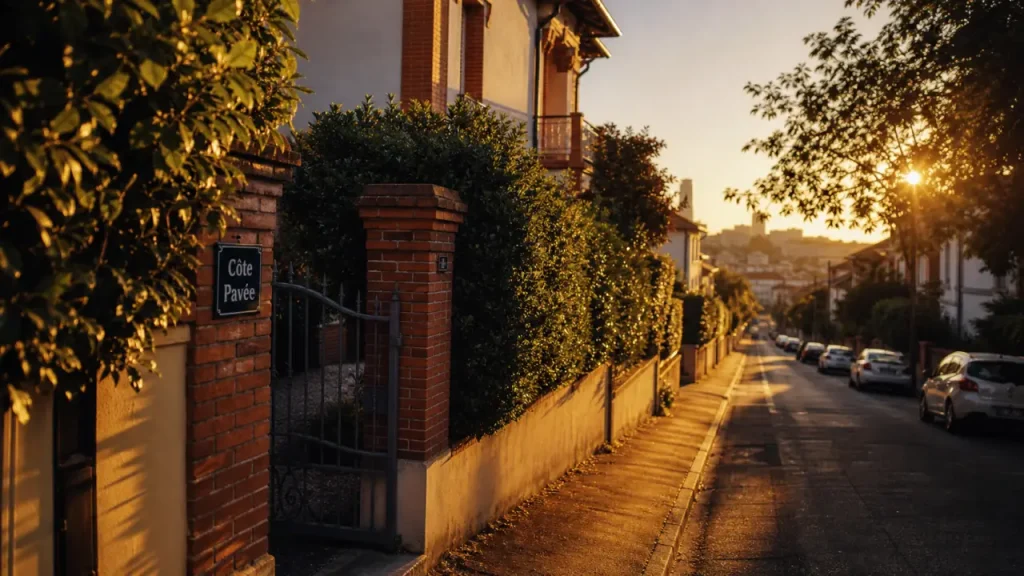 Côte pavée Toulouse : rue résidentielle calme, maisons et jardins au golden hour