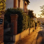 Côte pavée Toulouse : rue résidentielle calme, maisons et jardins au golden hour