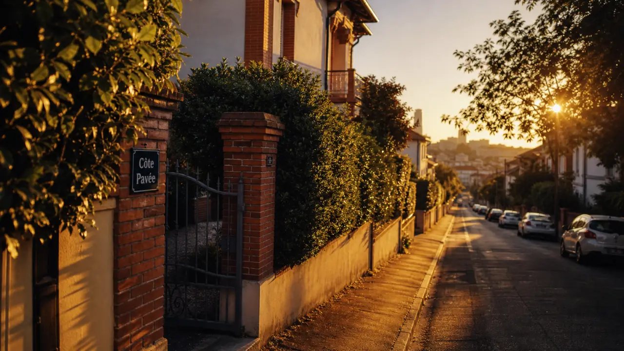 Côte pavée Toulouse : rue résidentielle calme, maisons et jardins au golden hour
