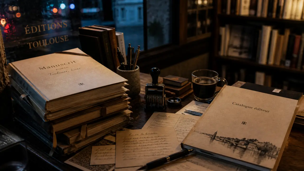 Maison d’édition Toulouse : bureau avec manuscrits et catalogue