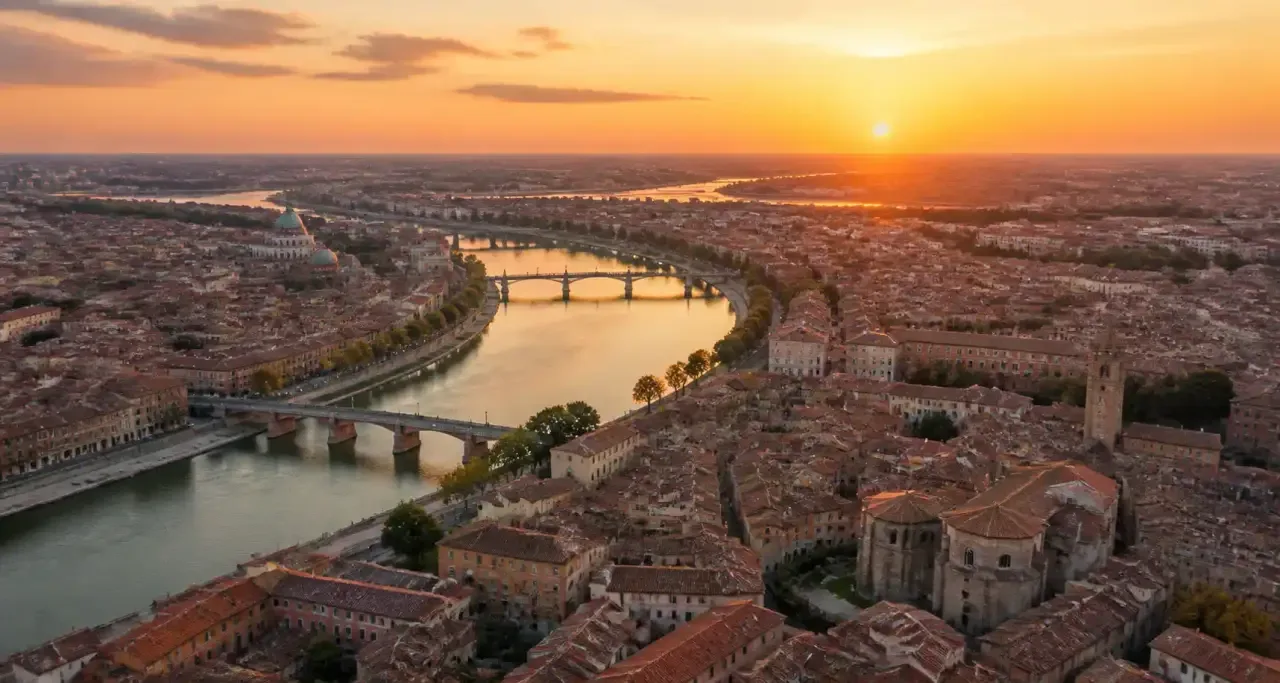 Vue aérienne de Toulouse au coucher du soleil