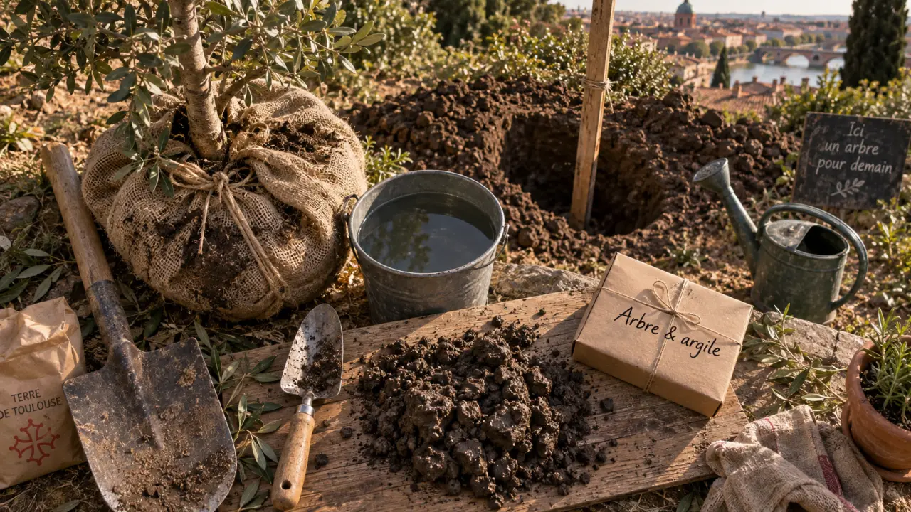 Arbre Toulouse : motte en terre argileuse, préparation de plantation pour chaleur et vent d’autan