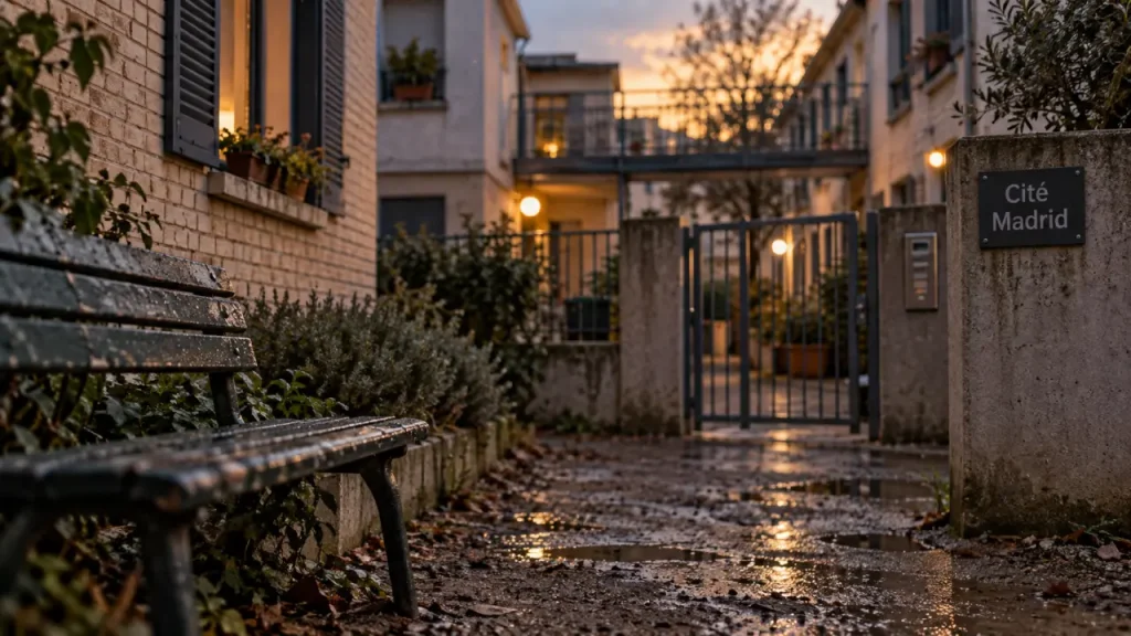 Cité Madrid à Toulouse : entrée de résidence en briques et béton