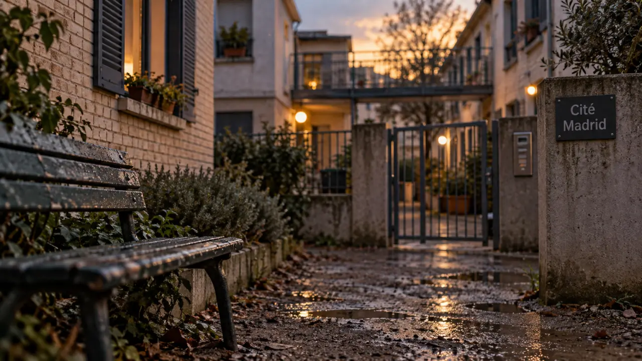 Cité Madrid à Toulouse : entrée de résidence en briques et béton