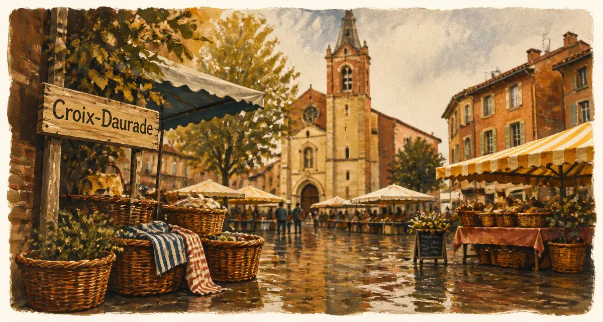 Croix-daurade, place de quartier et église Saint-Caprais après la pluie