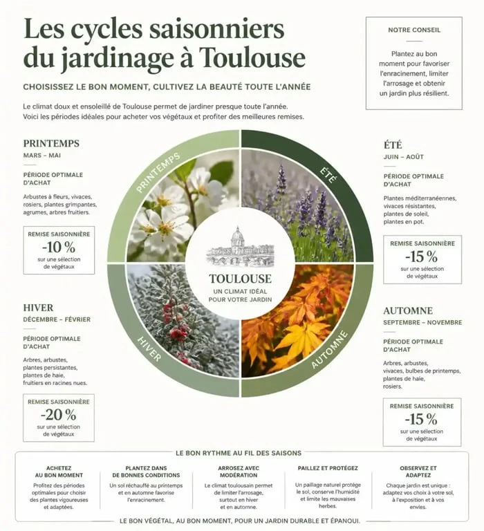 Infographie sur les cycles saisonniers et les meilleures périodes pour acheter dans un magasin de jardinage à Toulouse