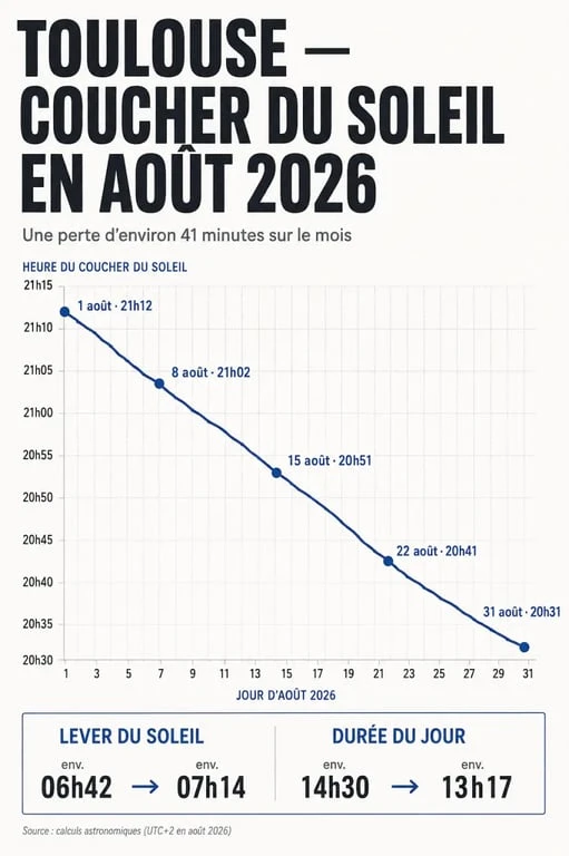 Coucher du soleil toulouse : évolution des heures en août 2026