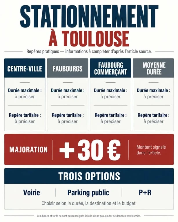 Infographie Toulouse parking : zones, durées maximales et tarifs de stationnement