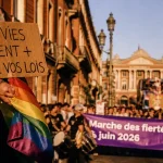 Marche des fiertés Toulouse : drapeau arc-en-ciel et pancarte au départ au Capitole
