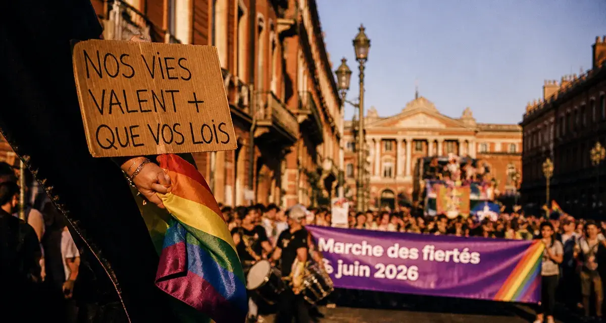 Marche des fiertés Toulouse : drapeau arc-en-ciel et pancarte au départ au Capitole