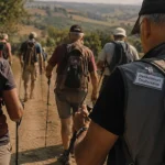 Randonneur toulousain : groupe en marche près de Toulouse, chemin terreux et sacs à dos