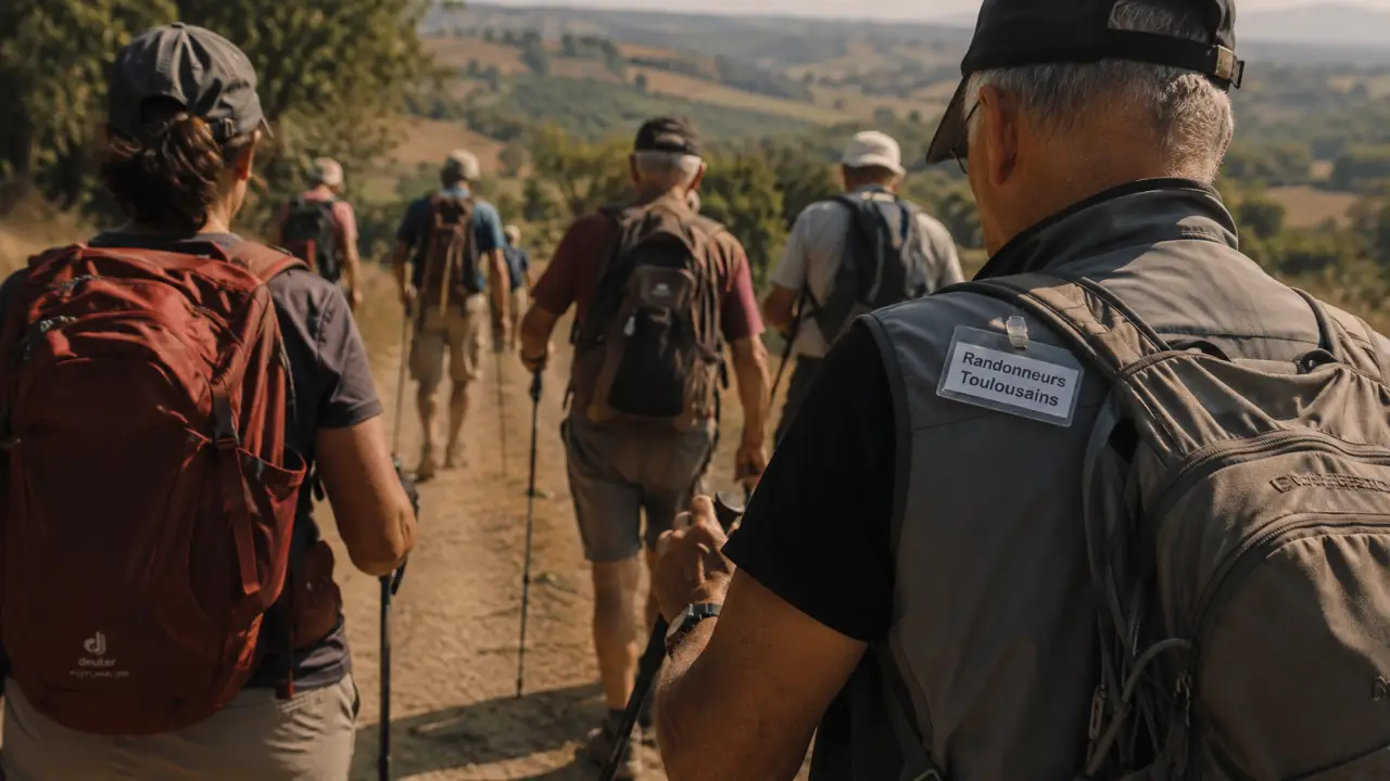 Randonneur toulousain : groupe en marche près de Toulouse, chemin terreux et sacs à dos