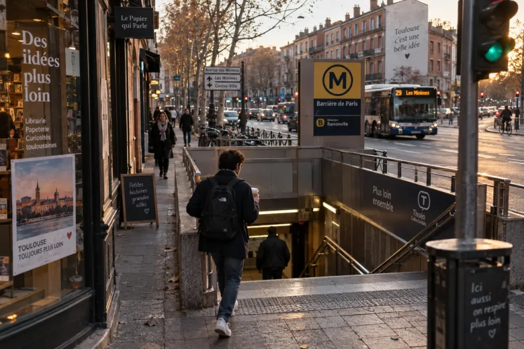Entrée métro Toulouse Barrière de Paris, trottoir et commerces près des Minimes