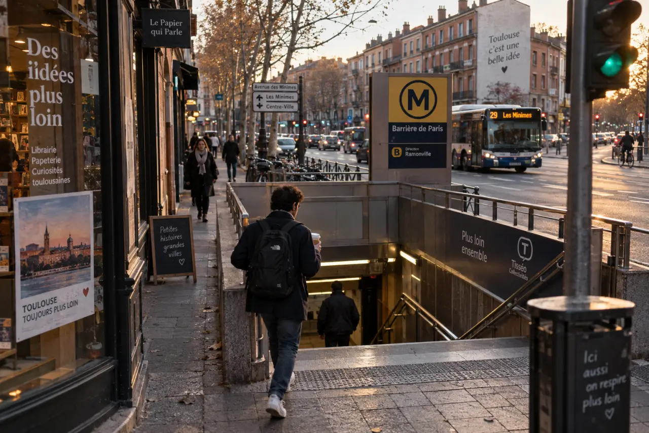 Entrée métro Toulouse Barrière de Paris, trottoir et commerces près des Minimes