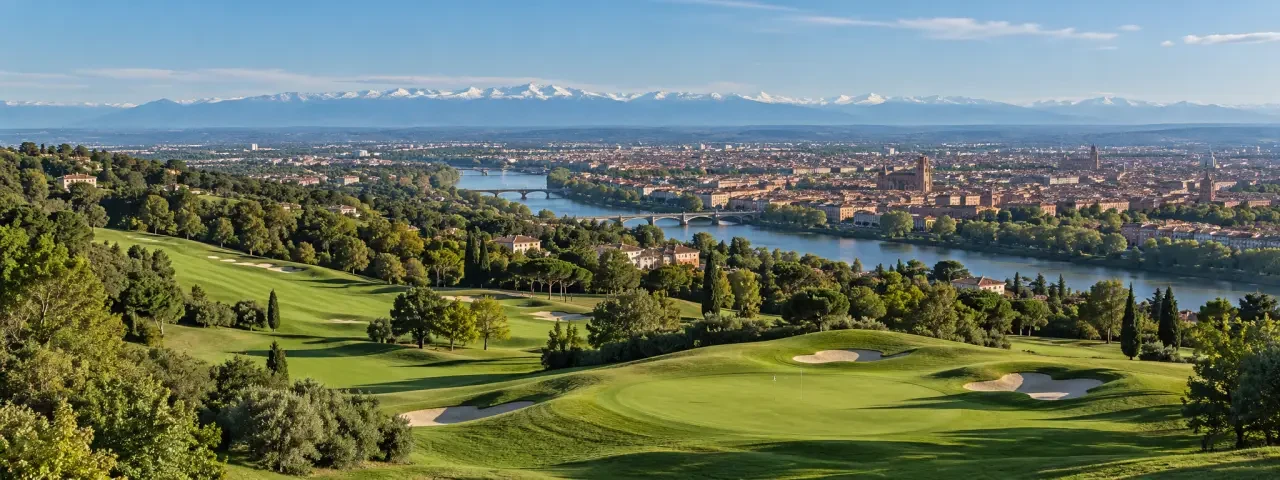 Vue panoramique du vieille toulouse golf sur les hauteurs de la Garonne avec Toulouse et les Pyrénées