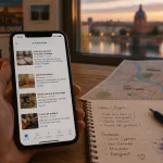 Je me propose Toulouse : smartphone annonces locales sur table avec carte et carnet