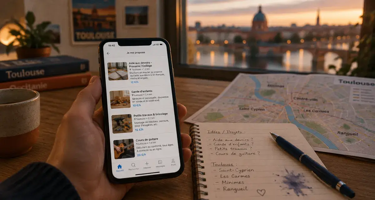 Je me propose Toulouse : smartphone annonces locales sur table avec carte et carnet